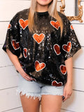 Patcute Valentine’s Day Sequin Heart Round Neck Half Sleeve Top