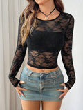 Patcute Round Neck Long Sleeve Lace Sheer Top