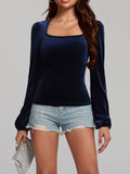 Patcute Square Neck Long Sleeve Velvet Top