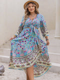 Patcute Plus Size Printed Tie Neck Top and Skirt Set