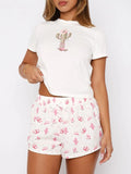 Patcute Printed Round Neck Short Sleeve Top and Drawstring Shorts Set