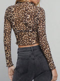 Patcute Leopard Mock Neck Long Sleeve Sheer Top