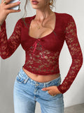 Patcute Scoop Neck Long Sleeve Lace Top