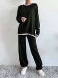 Patcute Side Slit Contrast Trim Round Neck Top and Pants Sweater Set