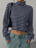 Patcute Striped Turtleneck Long Sleeve T-Shirt