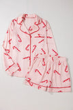 Patcute Candy Cane Collared Neck Long Sleeve Top and Shorts Lounge Set