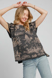 Patcute Umgee Ruffled Landscape Print Short Sleeve French Terry Top