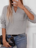 Patcute Pocketed Notched Long Sleeve Knit Top