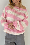 Patcute Contrast Striped Boat Neck Long Sleeve Sweater