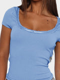 Patcute Lace Detail Scoop Neck Short Sleeve T-Shirt