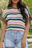 Patcute Contrast Round Neck Short Sleeve Sweater