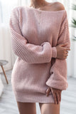 Patcute Boat Neck Long Sleeve Mini Sweater Dress