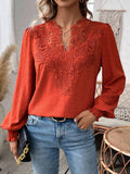 Patcute Swiss Dot Lace Detail Notched Long Sleeve Blouse