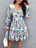 Patcute  Backless Printed V-Neck Flounce Sleeve Dress