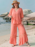 Patcute Plus Size Button Up Half Sleeve Top and Pants Set