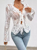 Patcute Tied V-Neck Long Sleeve Lace Top