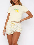 Patcute Printed Round Neck Short Sleeve Top and Drawstring Shorts Set