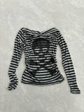 Patcute Gothic Striped Women T-shirts Off Shoulder Harajuku Sexy Punk Black Graphic Tops 2000s Japanese Style Gyaru Streetwear