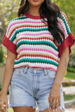 Patcute Contrast Round Neck Short Sleeve Sweater