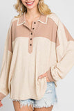 Patcute Waffle-Knit Color Block Half Button Long Sleeve Top