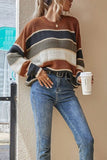 Patcute Contrast Striped Round Neck Long Sleeve Sweater