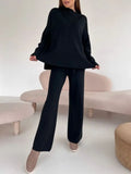 Patcute Slit Mock Neck Top and Pants Sweater Set