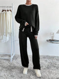 Patcute Side Slit Contrast Trim Round Neck Top and Pants Sweater Set