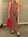 Patcute Lovelet Plaid Round Neck Sleeveless Top and Pants Set