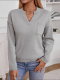 Patcute Pocketed Notched Long Sleeve Knit Top