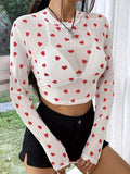 Patcute Heart Round Neck Long Sleeve Sheer Top