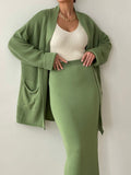 Patcute Pocketed Long Sleeve Cardigan and Skirt Sweater Set