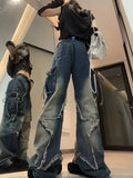 Patcute Vintage Y2k Women Black Baggy Cargo Jeans with Star Gothic Harajuku 90s Aesthetic Denim Trousers Kpop 2000s Jean Pants