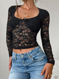 Patcute Scoop Neck Long Sleeve Lace Top