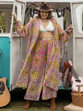 Patcute Plus Size Printed Open Front Cover Up and Pants Set