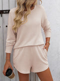 Patcute Double Take Round Neck Long Sleeve Top and Shorts Set