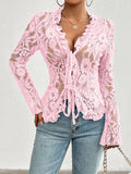 Patcute Tied V-Neck Long Sleeve Lace Top