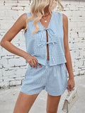 Patcute Lovelet Tied Plaid V-Neck Vest and Shorts Set