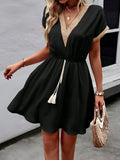 Patcute Contrast Trim V-Neck Short Sleeve Mini Dress