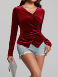 Patcute Ruched Surplice Long Sleeve Top