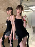 Patcute Black Asymmetrical Tank Tops Women Y2k Grunge Ruffle Camisoles Hotsweet Sexy Backless Aesthetic Korean Streetwear Punk