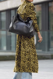 Patcute Leopard Collared Neck Long Sleeve Trench Coat