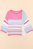 Patcute Contrast Round Neck Three-Quarter Sleeve Knit Top