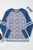 Patcute Lace Detail Geometric Round Neck Long Sleeve Top