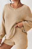 Patcute Round Neck Drop Shoulder Top and Shorts Sweater Set