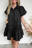 Patcute Button Down Puff Sleeve Ruffle Hem Dress