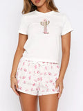 Patcute Printed Round Neck Short Sleeve Top and Drawstring Shorts Set