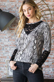 Patcute  Full Size Snakeskin Print Round Neck Lace Contrast Top