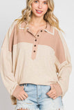 Patcute Waffle-Knit Color Block Half Button Long Sleeve Top