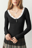 Patcute Lace Detail Scoop Neck Long Sleeve Top