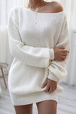 Patcute Boat Neck Long Sleeve Mini Sweater Dress